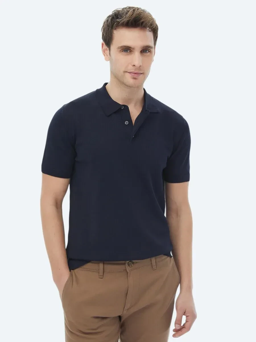 Lacivert Polo Yaka Düz Örgü Triko - 5