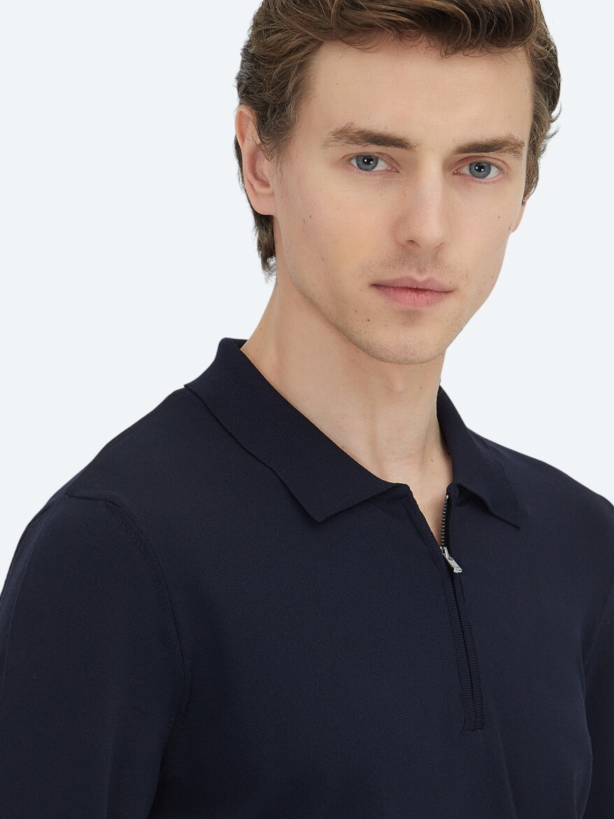 Lacivert Polo Yaka Düz Örgü Triko - 3