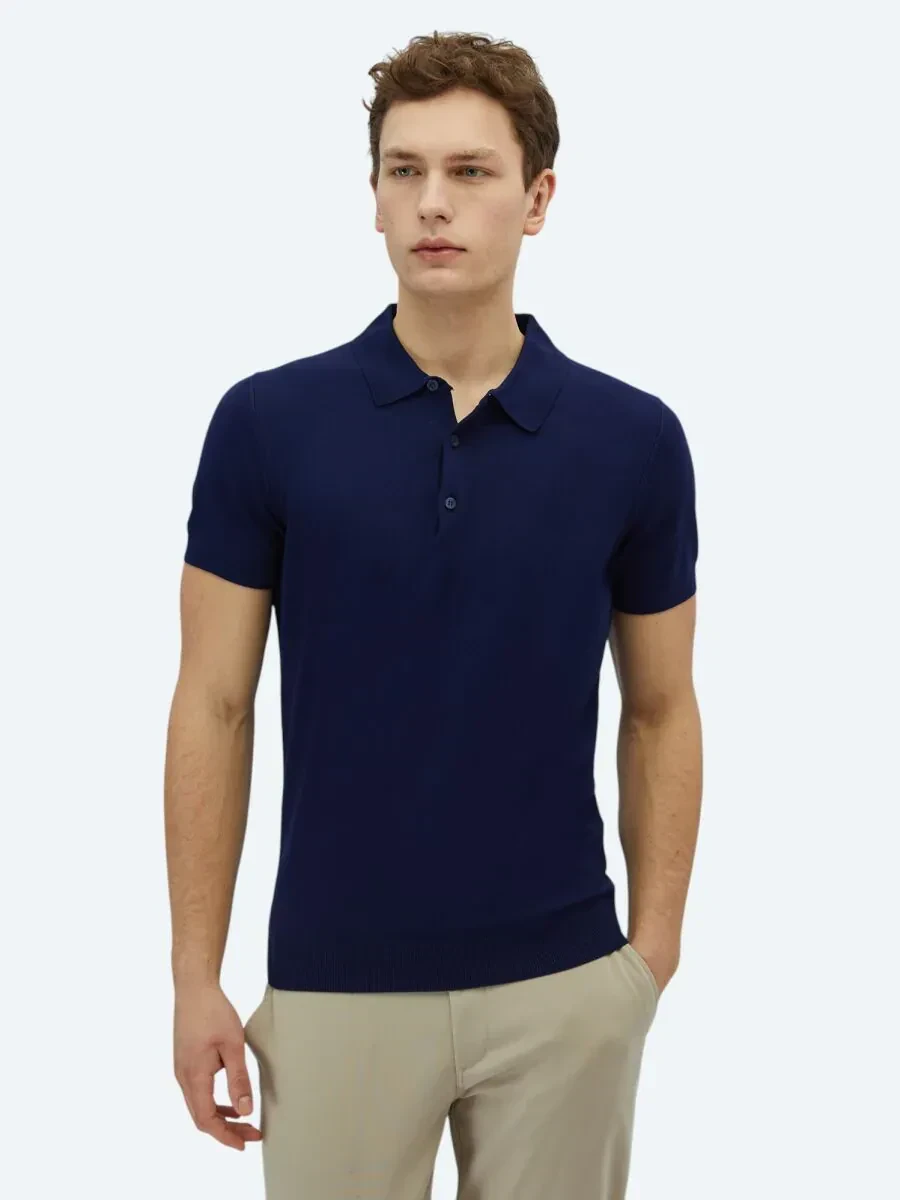Lacivert Polo Yaka Düz Örgü Triko - 1