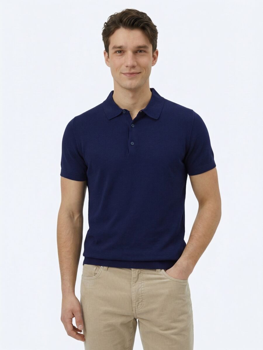 Lacivert Polo Yaka Düz Örgü Triko - 1