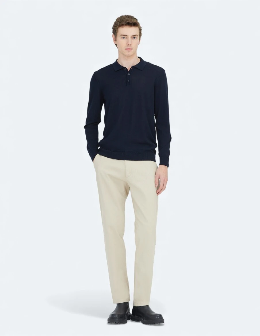 Lacivert Polo Yaka Düz Örgü Yün Karışımlı Triko Kazak - KİP