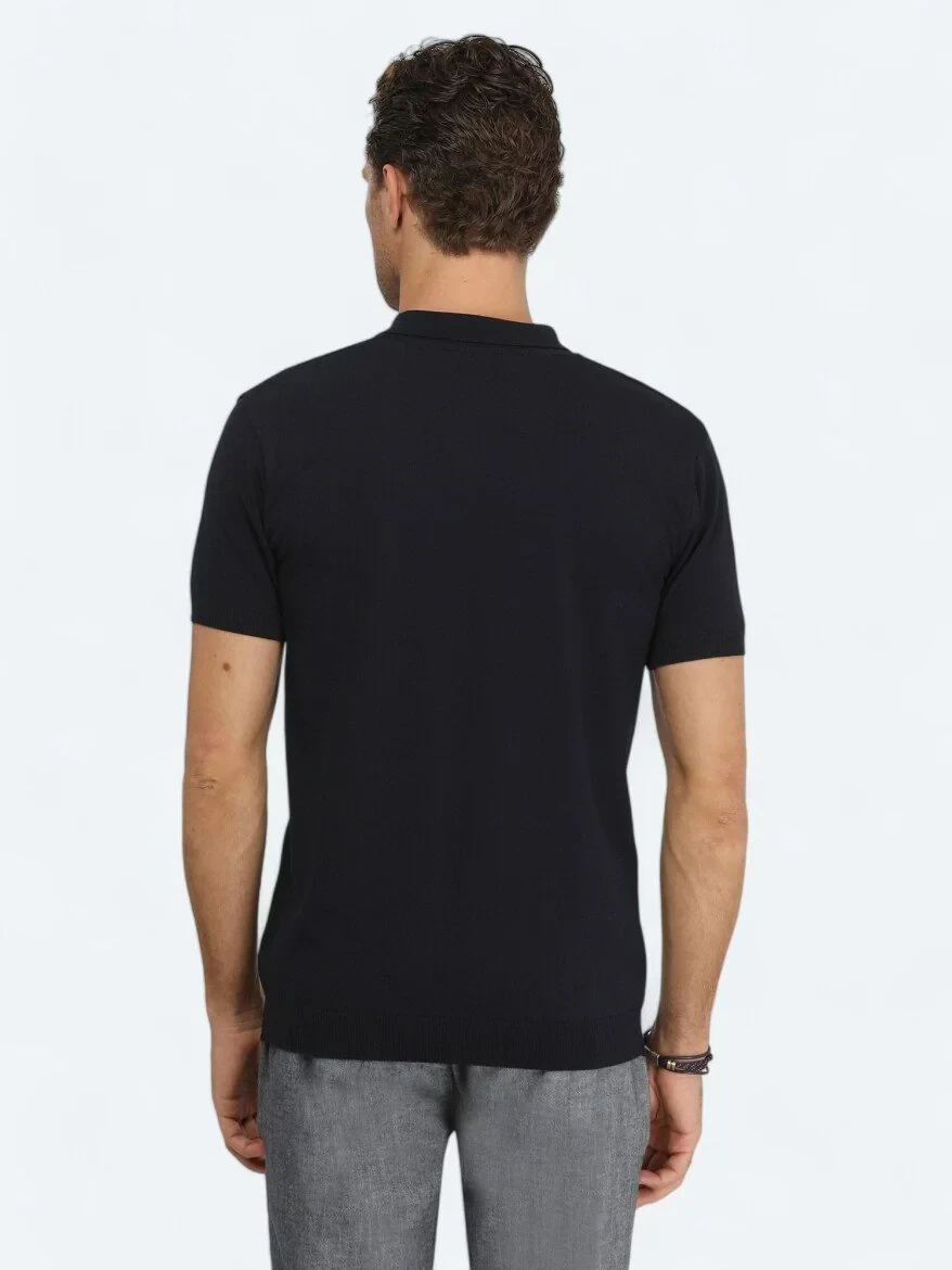 Lacivert Polo Yaka Jakarlı Triko - 4