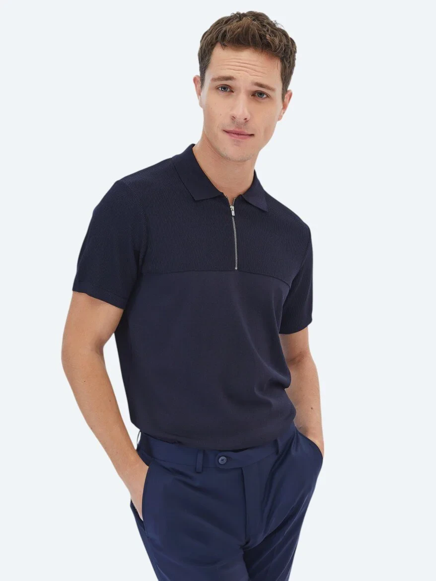 Lacivert Polo Yaka Jakarlı Triko 