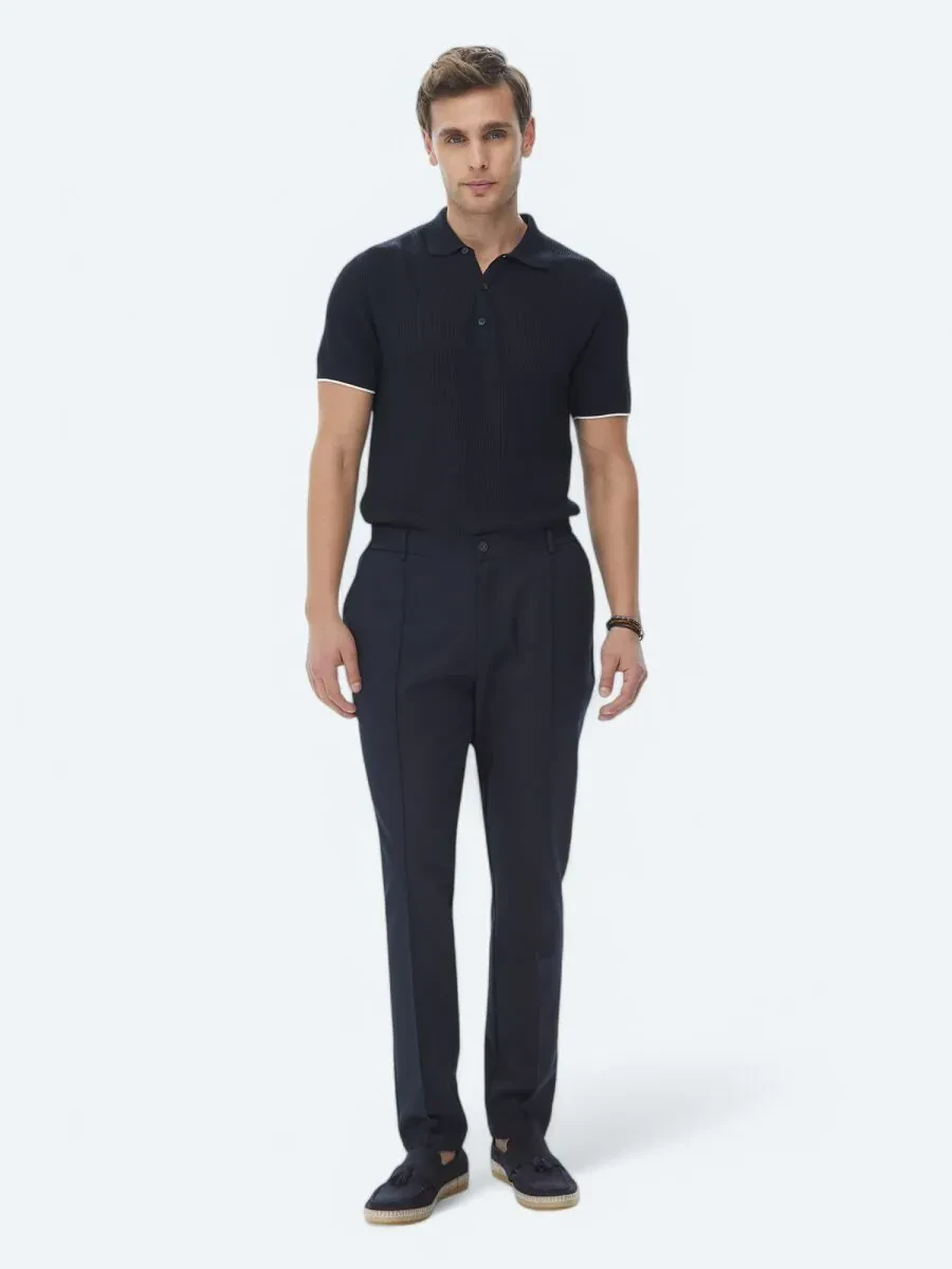 Lacivert Polo Yaka Jakarlı Triko - 3