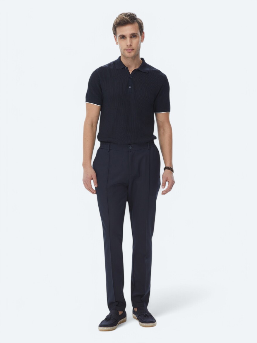 Lacivert Polo Yaka Jakarlı Triko - 3