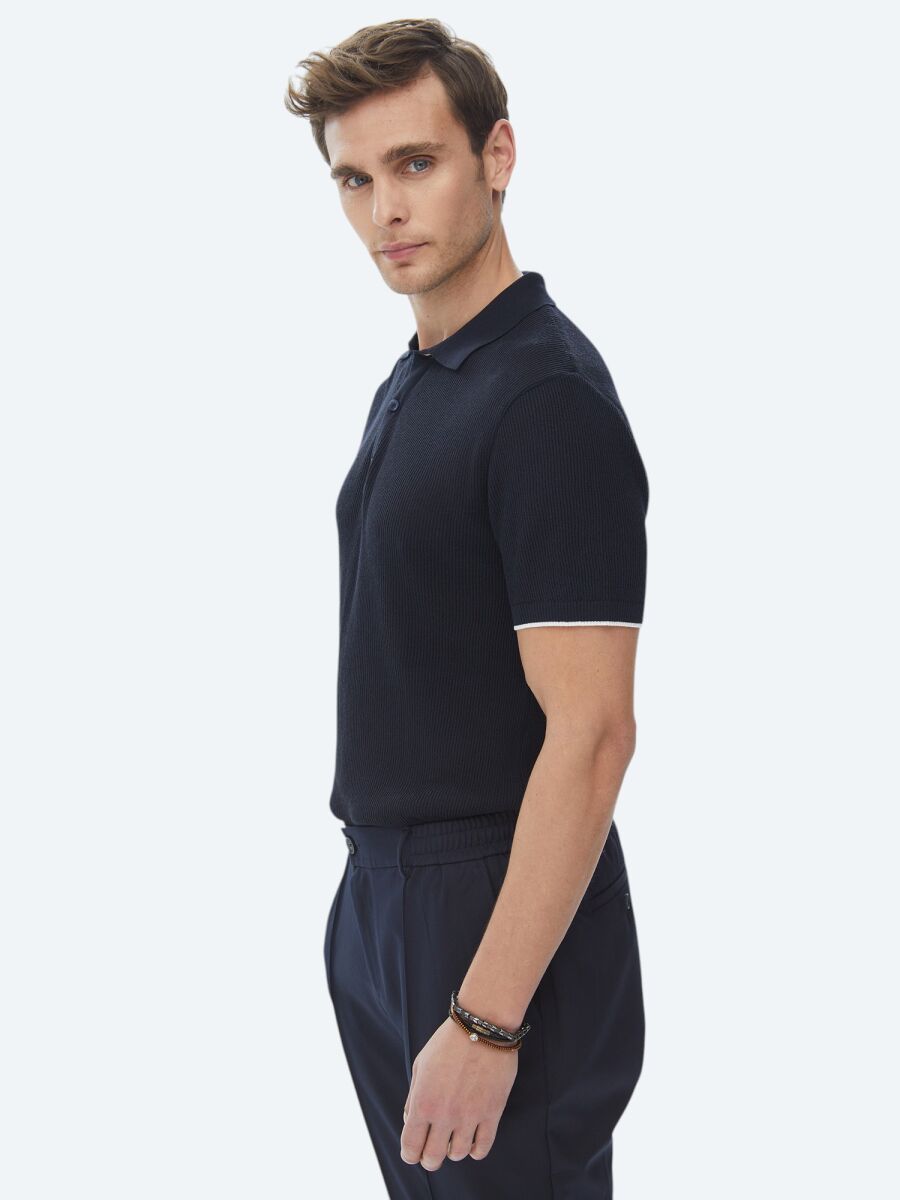 Lacivert Polo Yaka Jakarlı Triko - 4