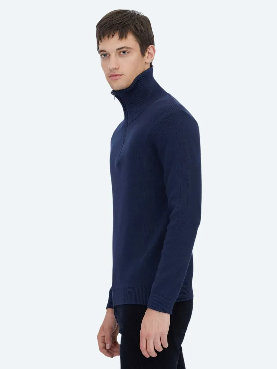 Lacivert Polo Yaka Jakarlı Triko Kazak - 3