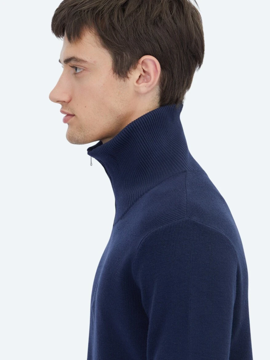 Lacivert Polo Yaka Jakarlı Triko Kazak - 5