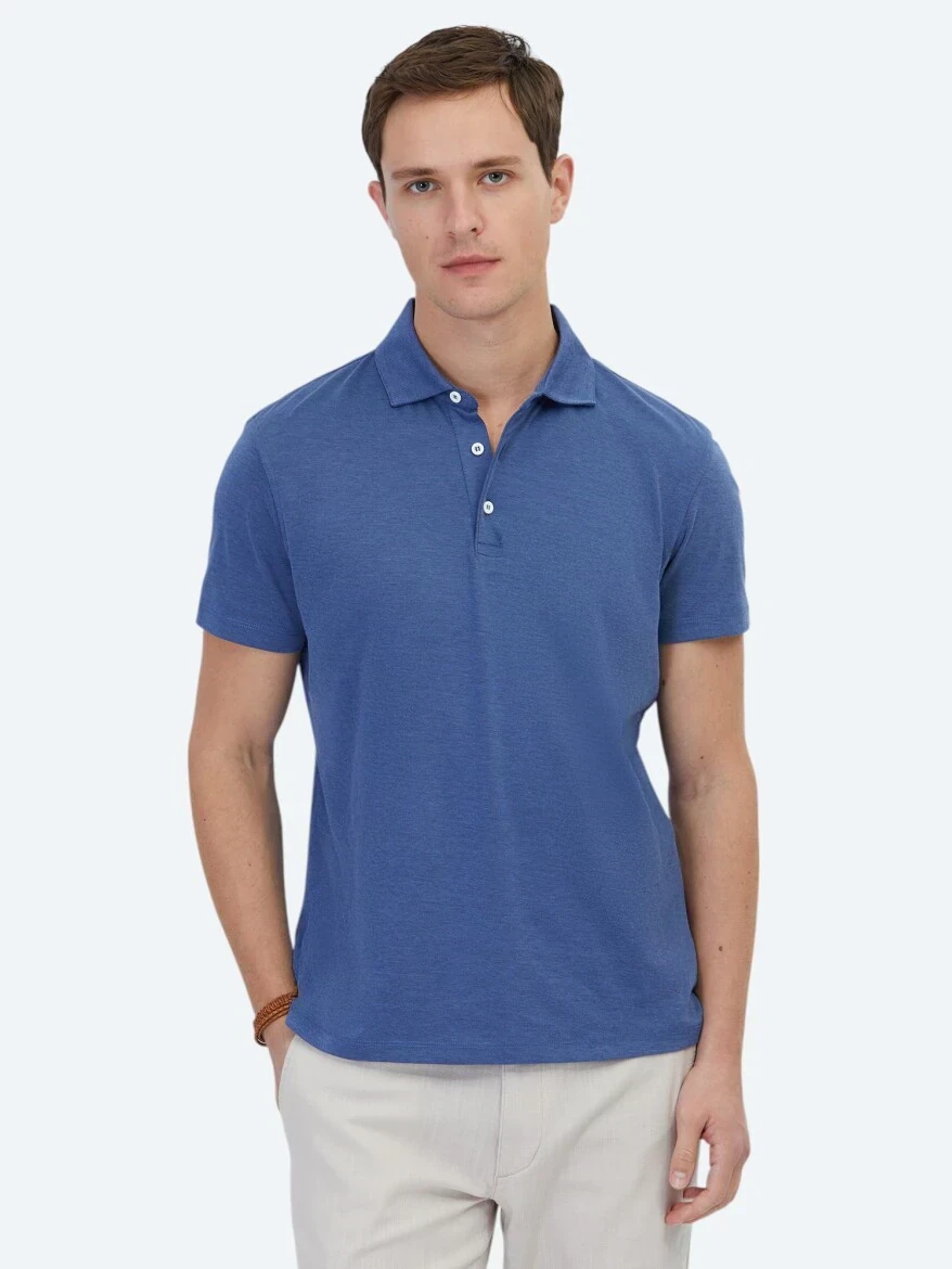 Lacivert Polo Yaka Pamuk Karışımlı T-Shirt - 1