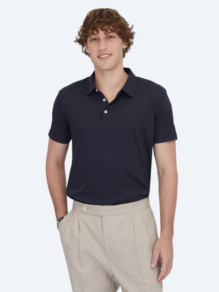 Lacivert Polo Yaka Pamuk Karışımlı T-Shirt - 1