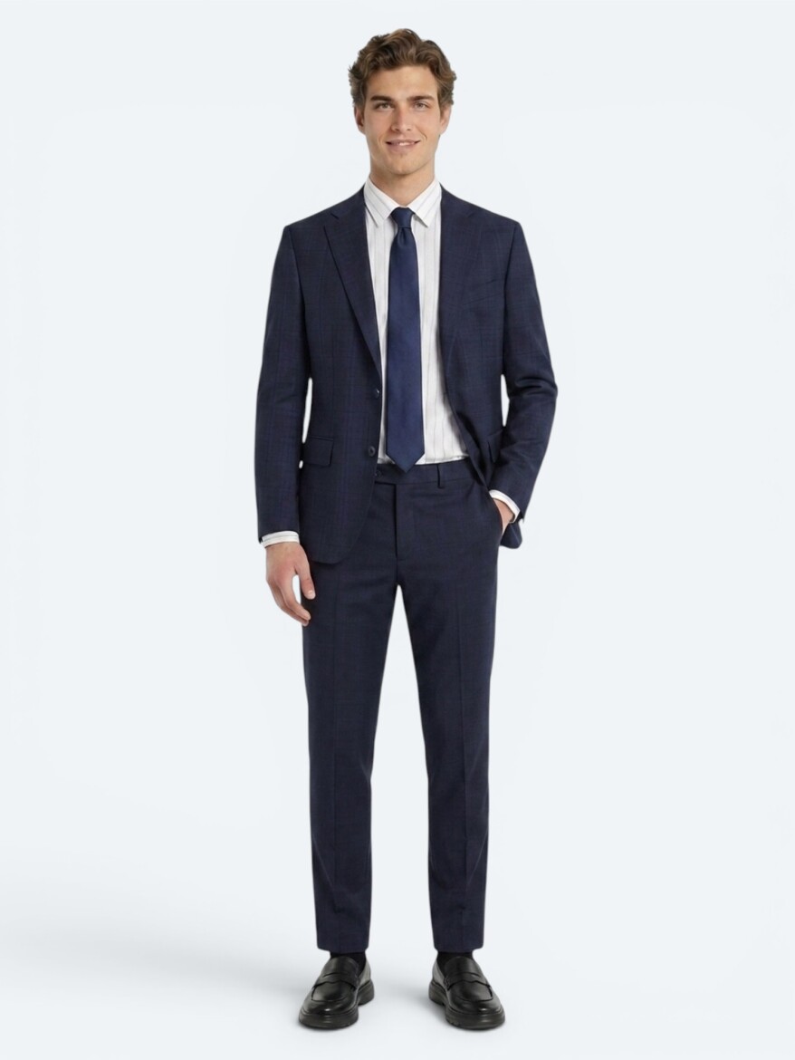 Lacivert Potikare Modern Fit %100 Yün Takım Elbise - KİP