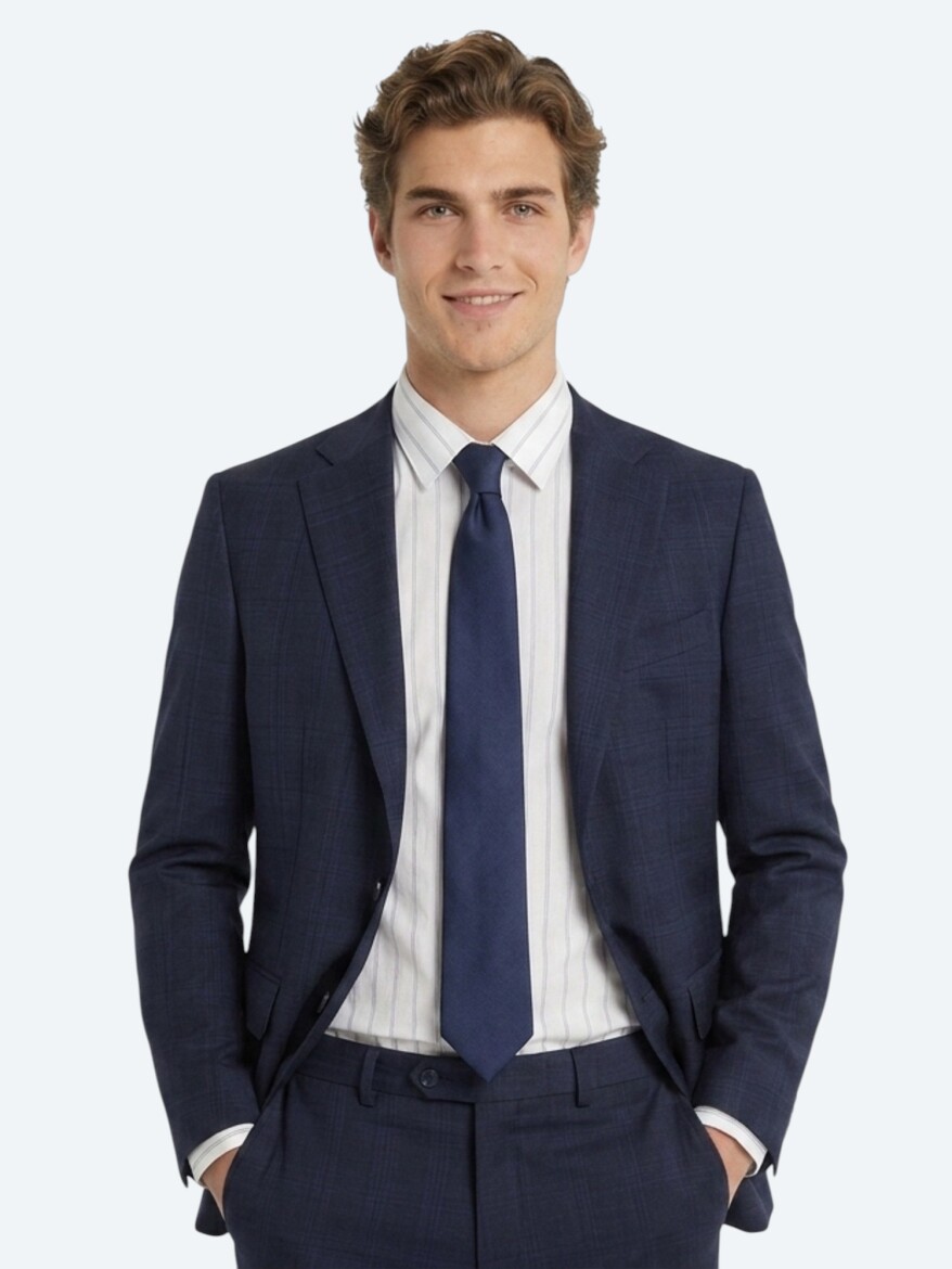 Lacivert Potikare Modern Fit %100 Yün Takım Elbise - KİP