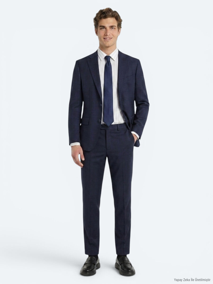 Lacivert Potikare Modern Fit %100 Yün Takım Elbise - 1