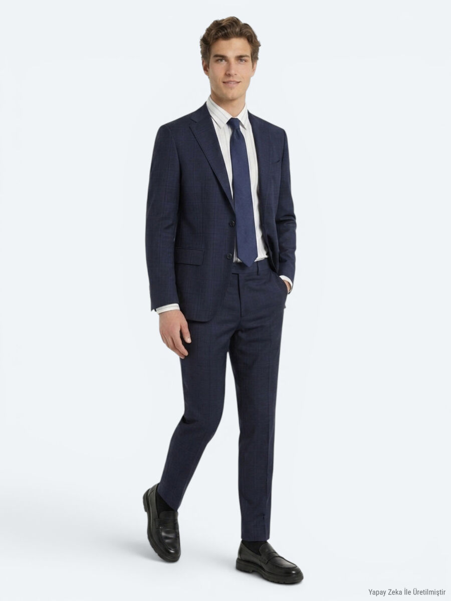 Lacivert Potikare Modern Fit %100 Yün Takım Elbise - 3