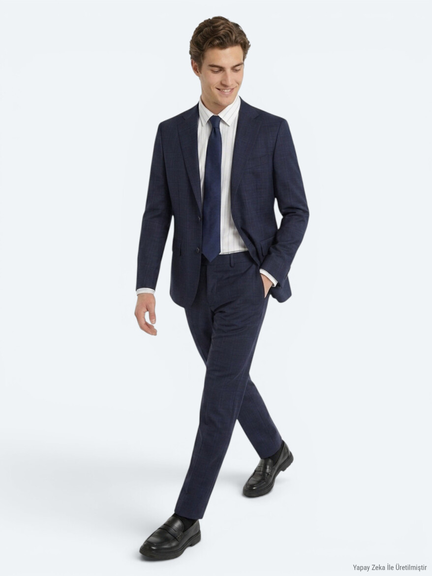 Lacivert Potikare Modern Fit %100 Yün Takım Elbise - 4
