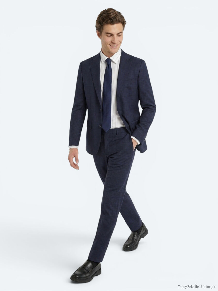 Lacivert Potikare Modern Fit %100 Yün Takım Elbise - 4