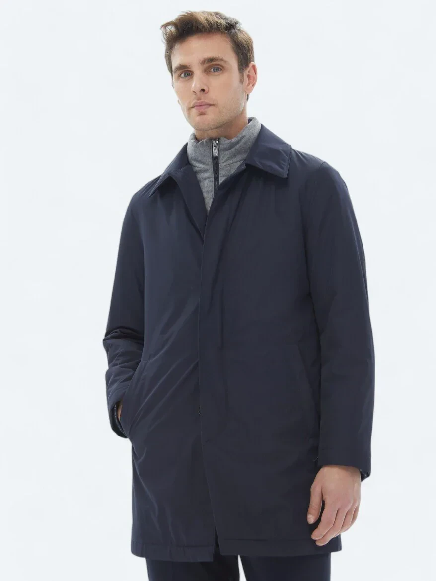 Lacivert Regular Fit Bebe Yaka Casual Dokuma Pardesü - 2