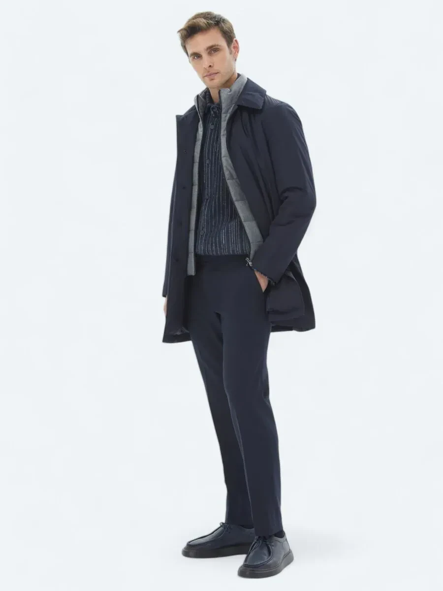 Lacivert Regular Fit Bebe Yaka Casual Dokuma Pardesü - 3