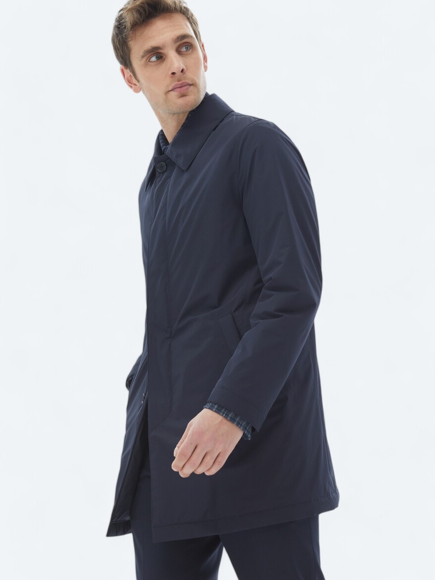 Lacivert Regular Fit Bebe Yaka Casual Dokuma Pardösü - 6