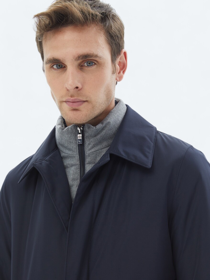 Lacivert Regular Fit Bebe Yaka Casual Dokuma Pardösü - 7