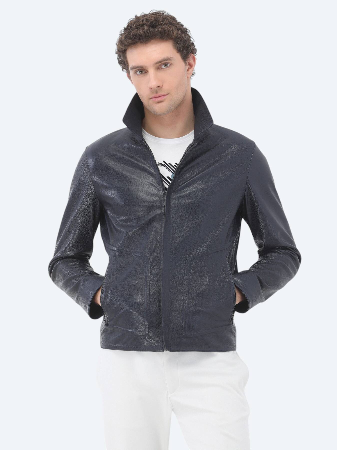 Lacivert Regular Fit Bebe Yaka Smart Casual Koyun Derisi Deri Mont