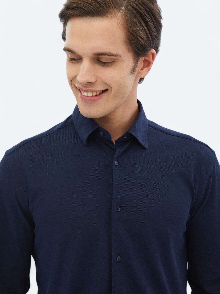 Lacivert Regular Fit Casual Pamuk Karışımlı Gömlek - 3