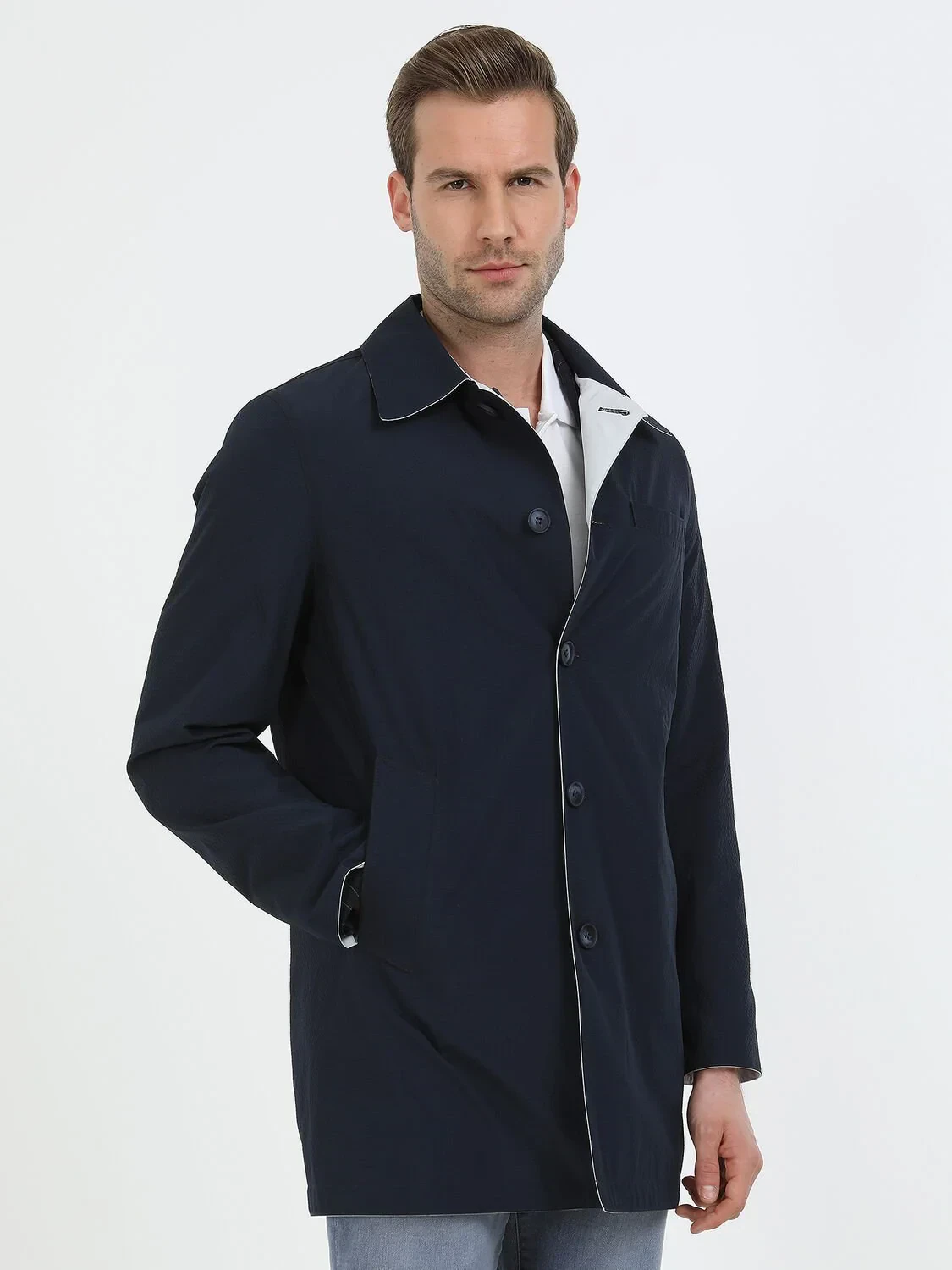 Lacivert Regular Fit Dik Yaka Casual Dokuma Çift Taraflı Pardesü - 1