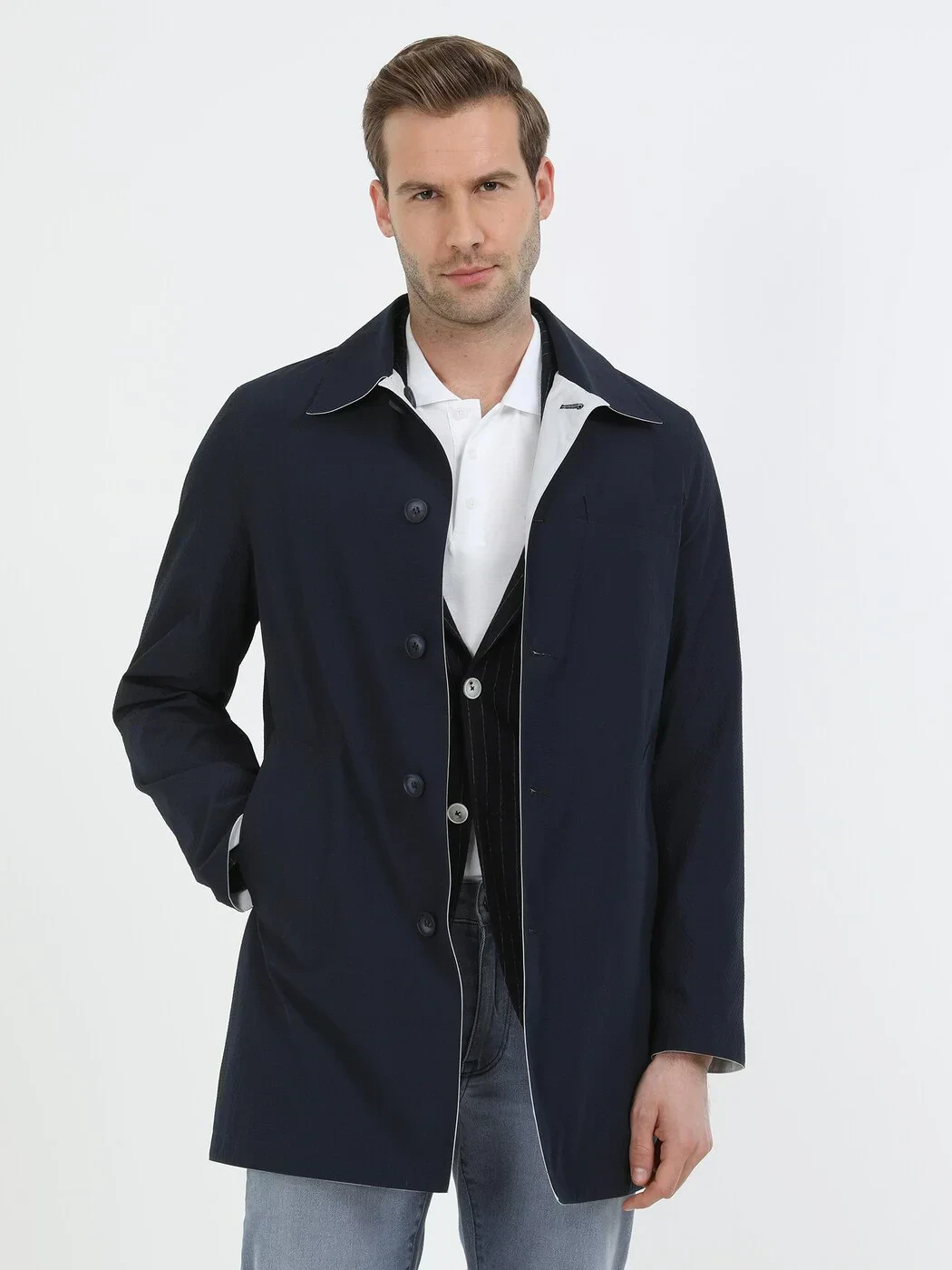 Lacivert Regular Fit Dik Yaka Casual Dokuma Çift Taraflı Pardesü - 2
