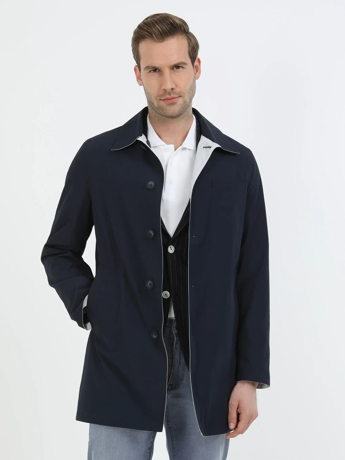 Lacivert Regular Fit Dik Yaka Casual Dokuma Çift Taraflı Pardesü - 2