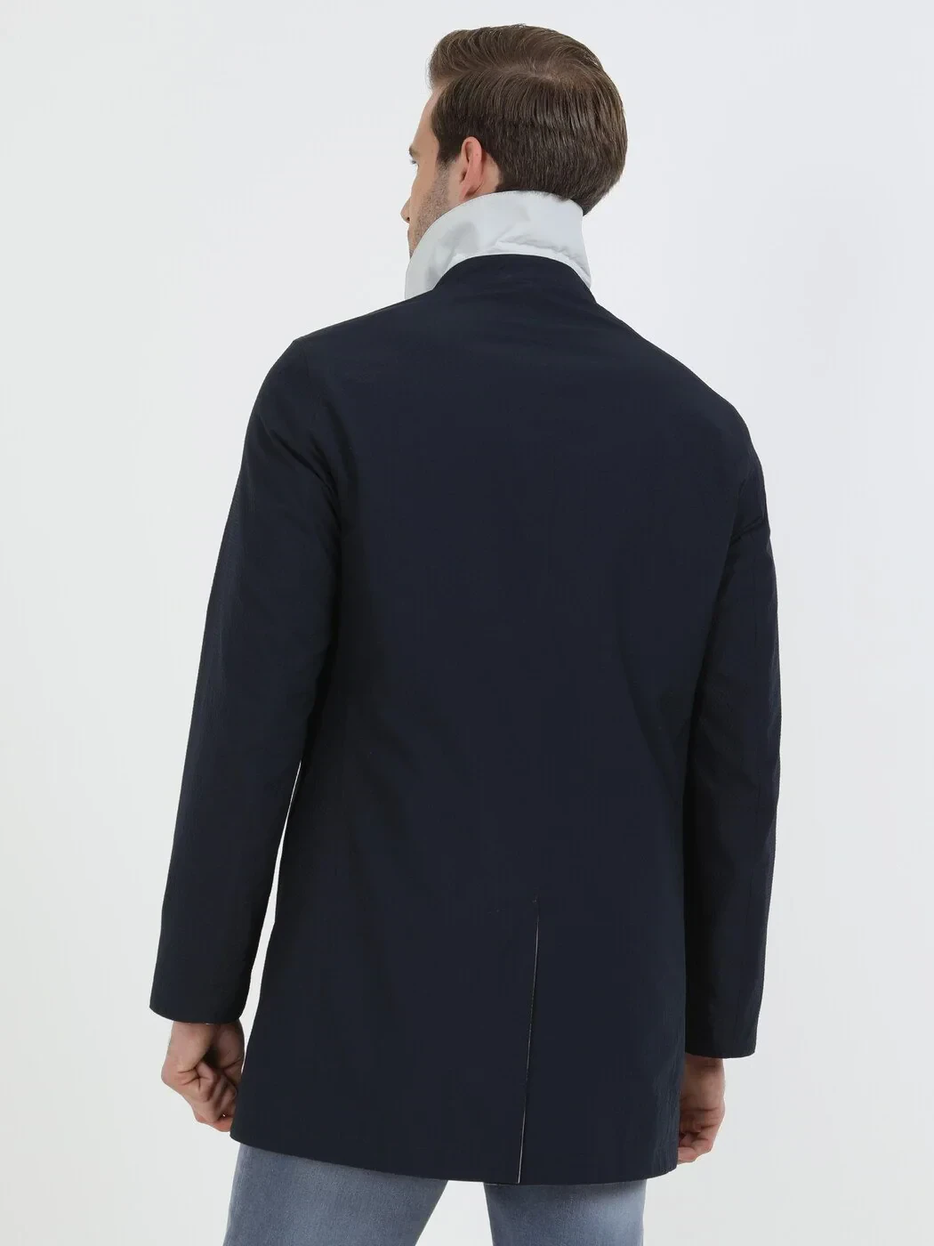 Lacivert Regular Fit Dik Yaka Casual Dokuma Çift Taraflı Pardesü - 4