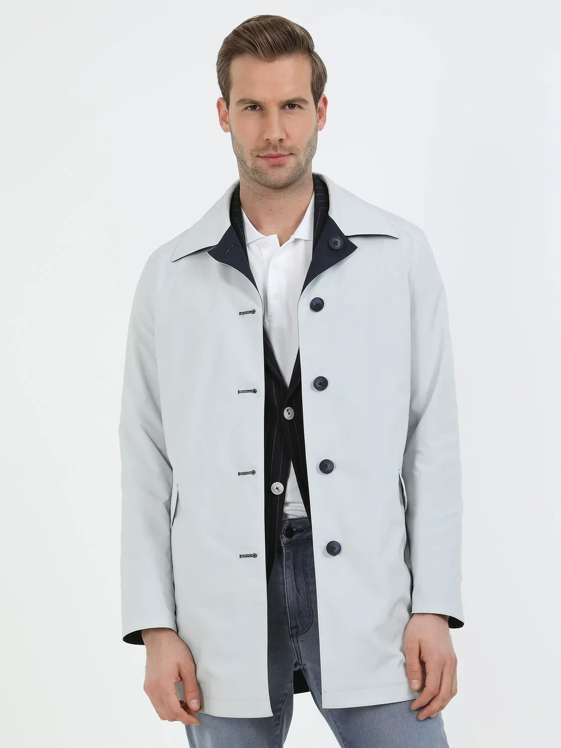 Lacivert Regular Fit Dik Yaka Casual Dokuma Çift Taraflı Pardesü - 5