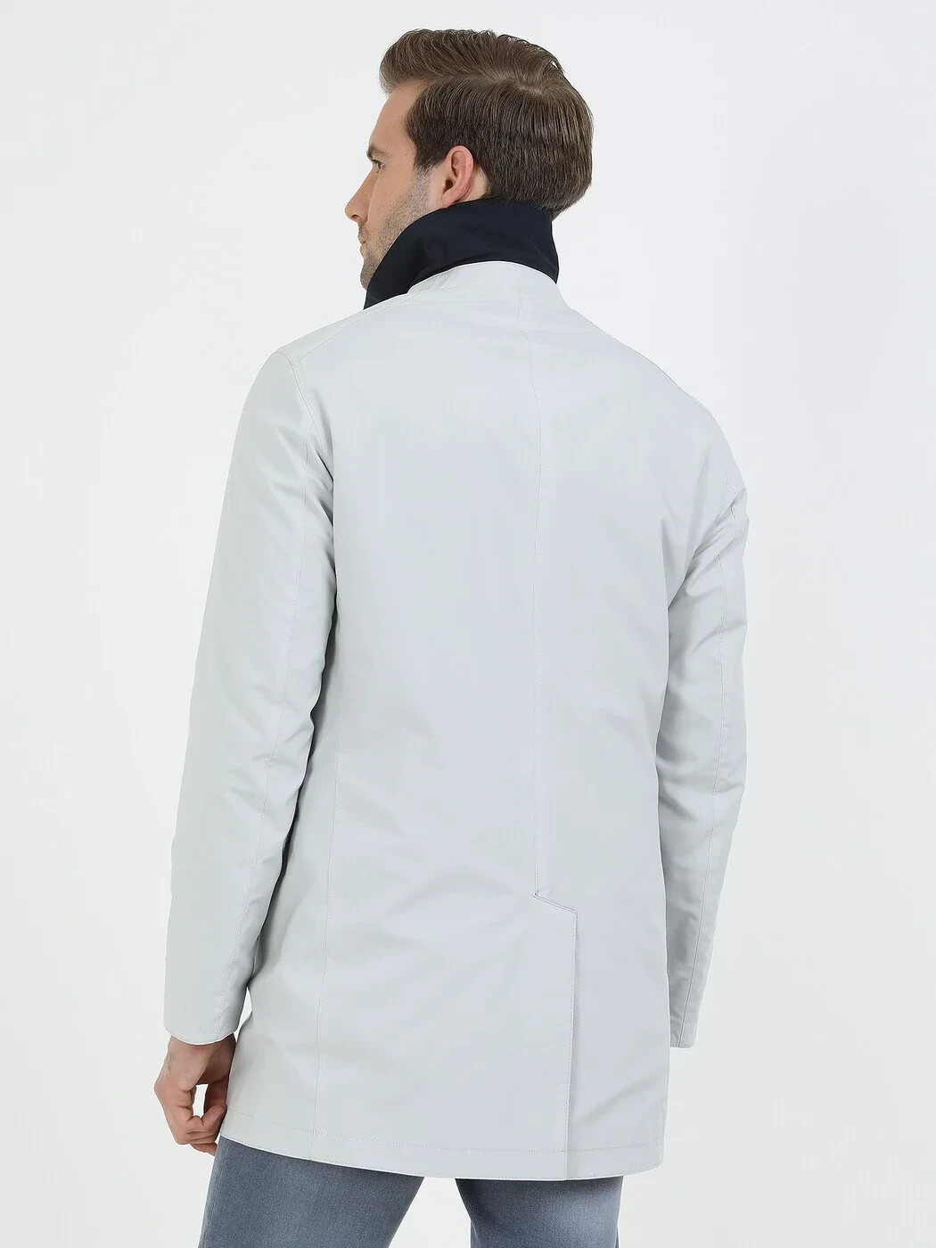 Lacivert Regular Fit Dik Yaka Casual Dokuma Çift Taraflı Pardesü - 8