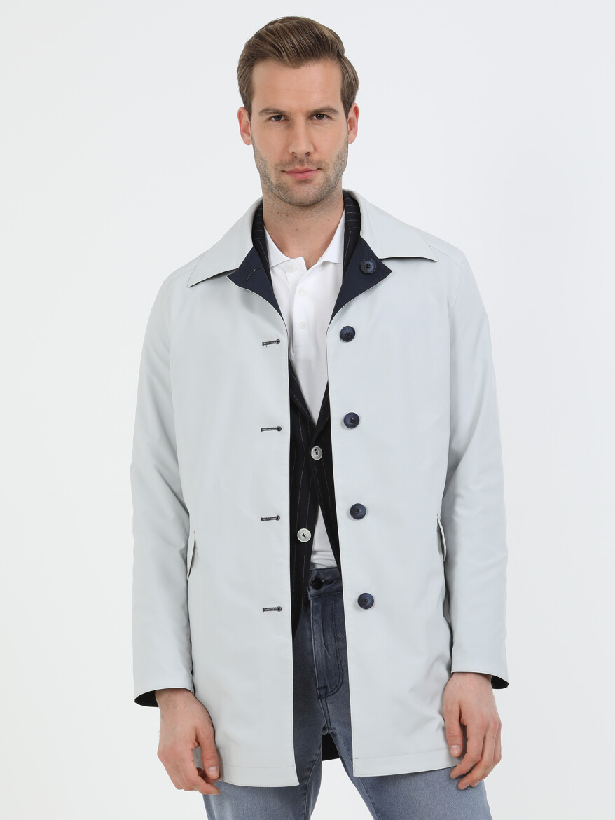 Lacivert Regular Fit Dik Yaka Casual Dokuma Çift Taraflı Pardösü - 5