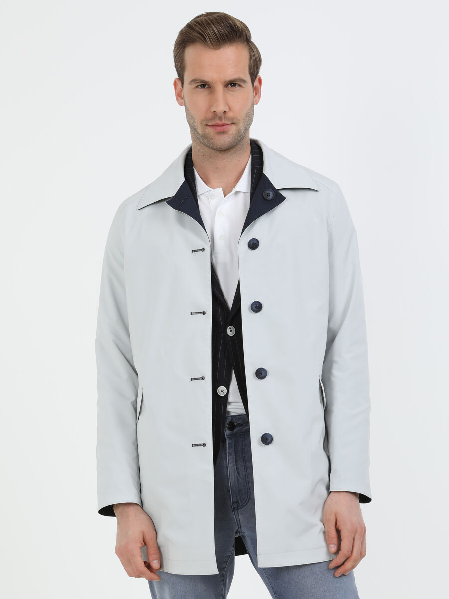 Lacivert Regular Fit Dik Yaka Casual Dokuma Çift Taraflı Pardösü - 5