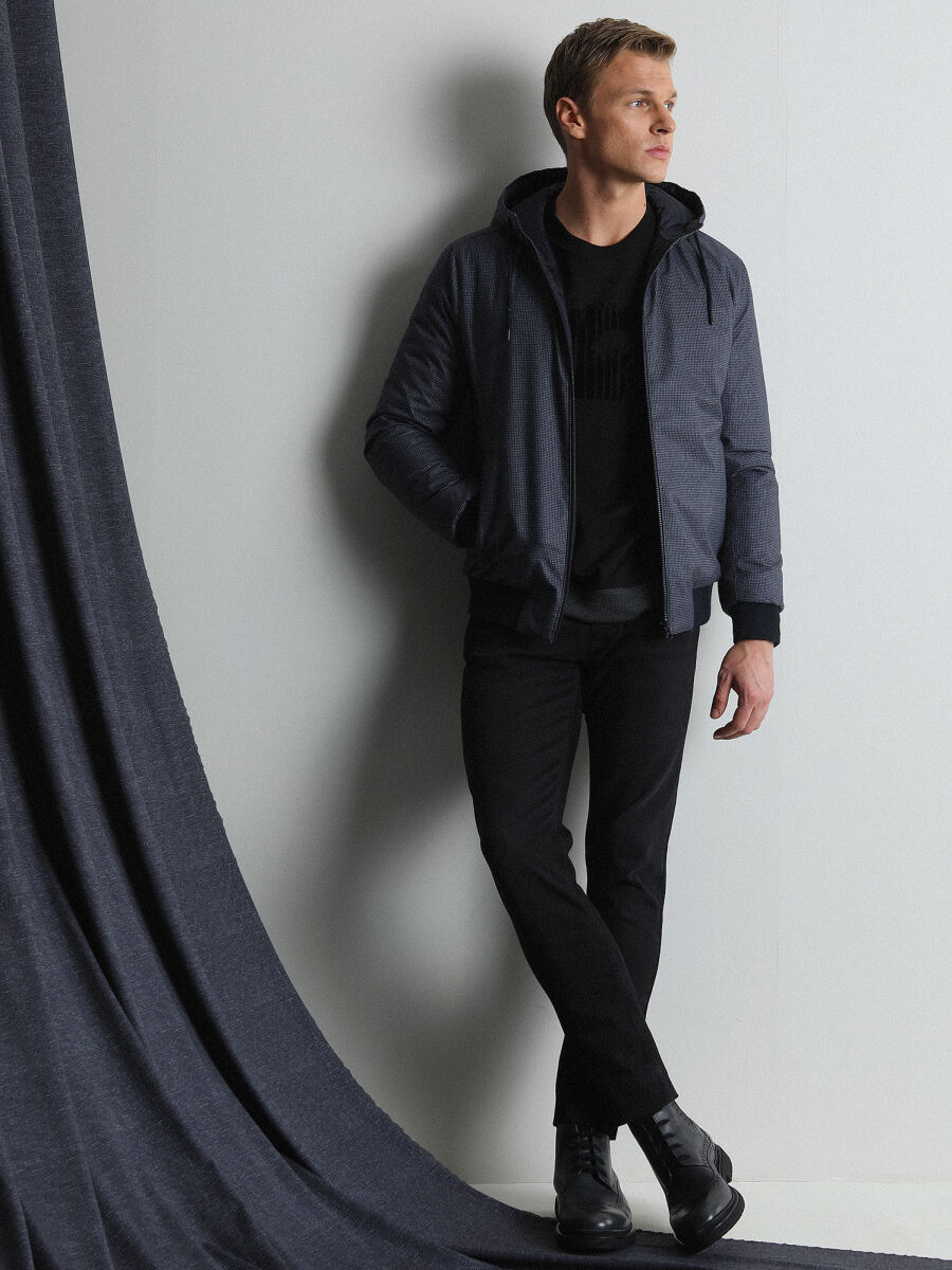 Lacivert Regular Fit Dik Yaka Casual Dokuma Mont