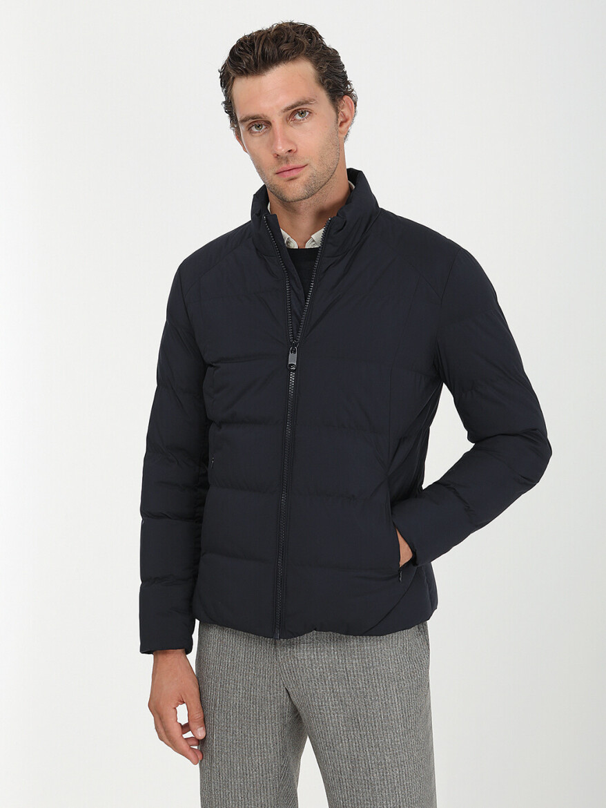 Lacivert Regular Fit Dik Yaka Casual Dokuma Mont - 1