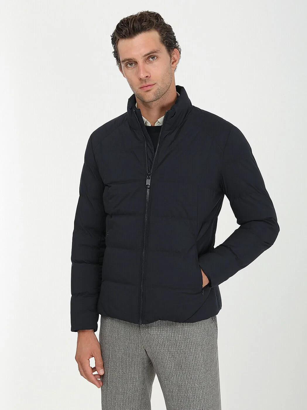 Lacivert Regular Fit Dik Yaka Casual Dokuma Mont - 1