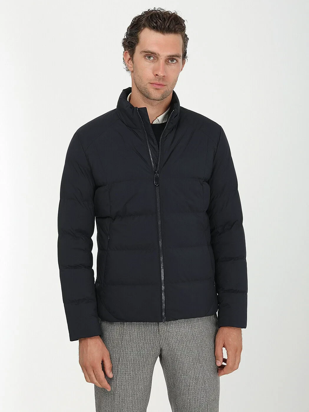 Lacivert Regular Fit Dik Yaka Casual Dokuma Mont - 5