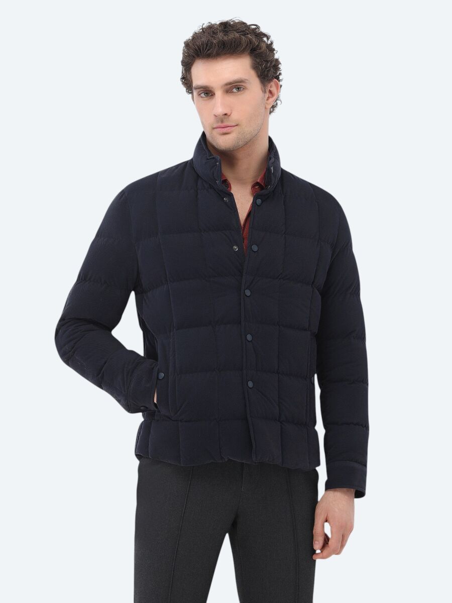 Lacivert Regular Fit Dik Yaka Casual Dokuma Mont - 1