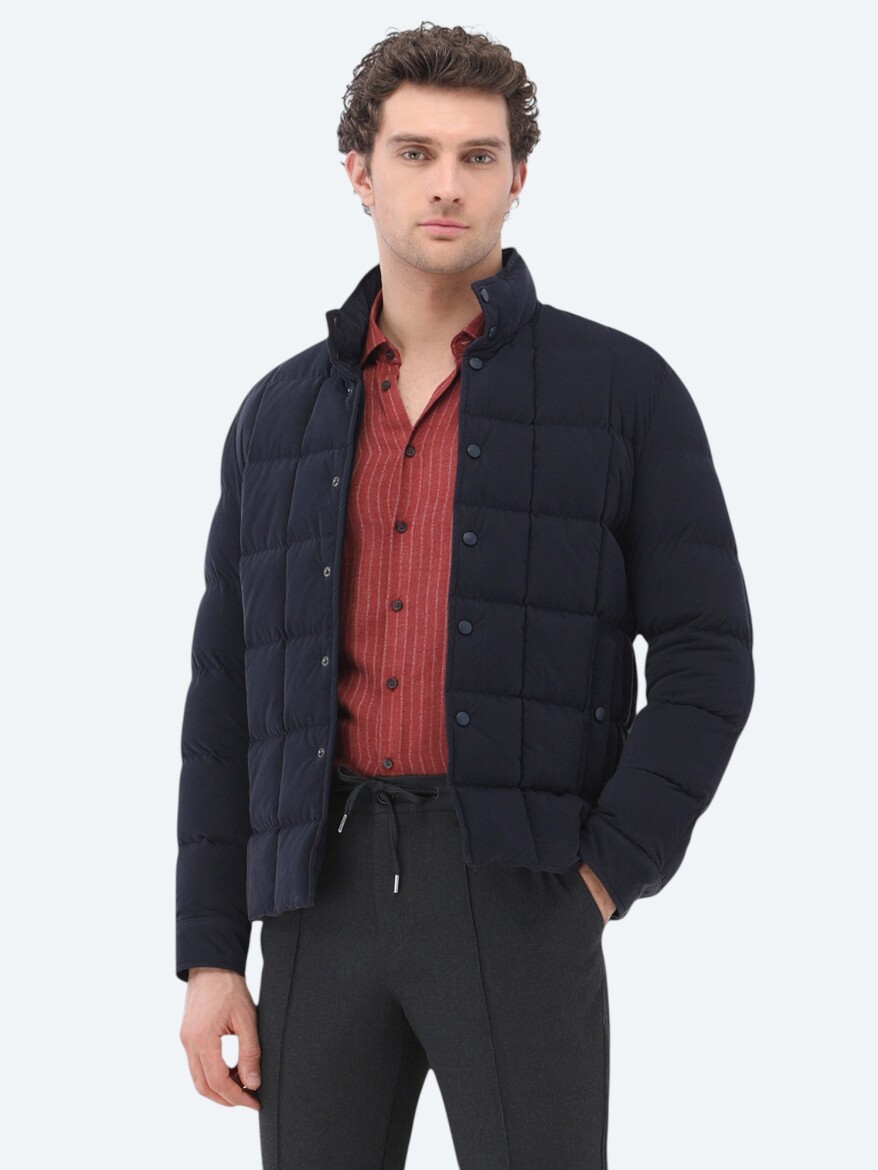 Lacivert Regular Fit Dik Yaka Casual Dokuma Mont - 3