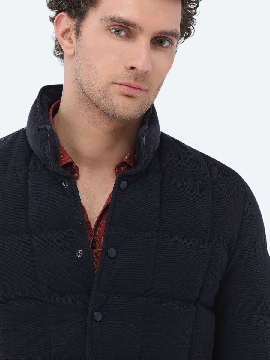 Lacivert Regular Fit Dik Yaka Casual Dokuma Mont - 4