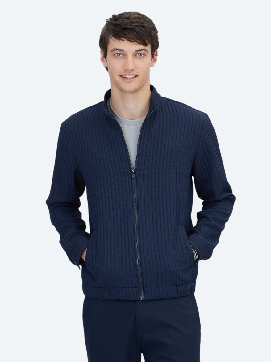 Lacivert Regular Fit Dik Yaka Casual Dokuma Mont 