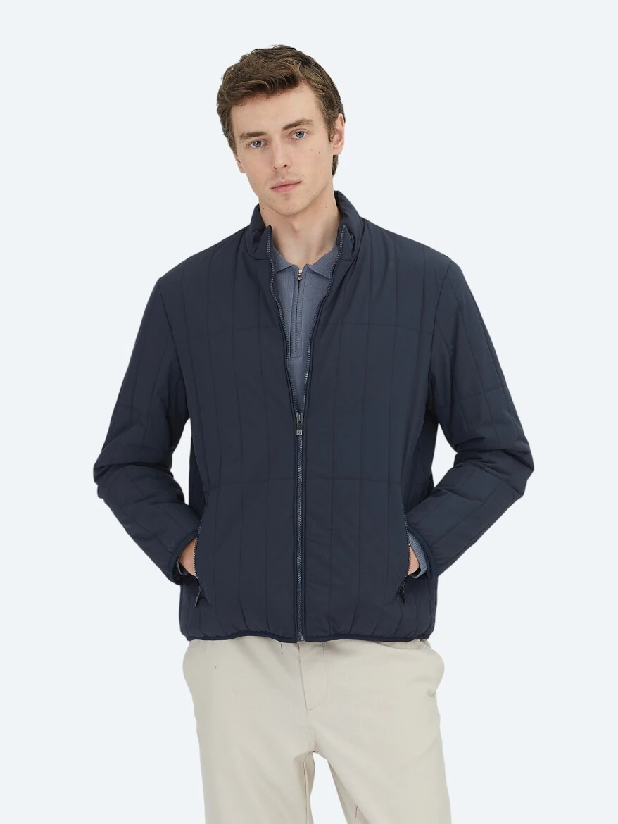 Lacivert Regular Fit Dik Yaka Casual Dokuma Mont - 1