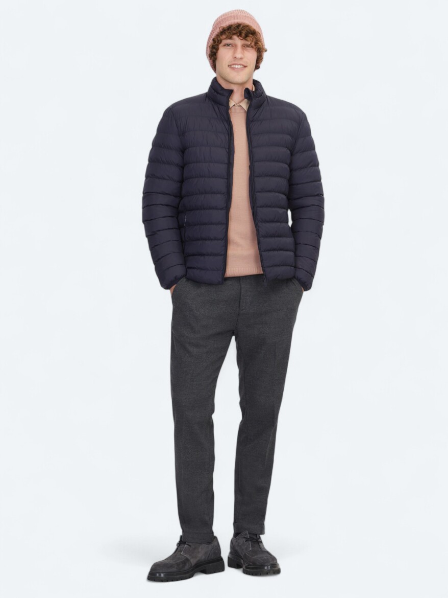 Lacivert Regular Fit Dik Yaka Casual Dokuma Mont - KİP