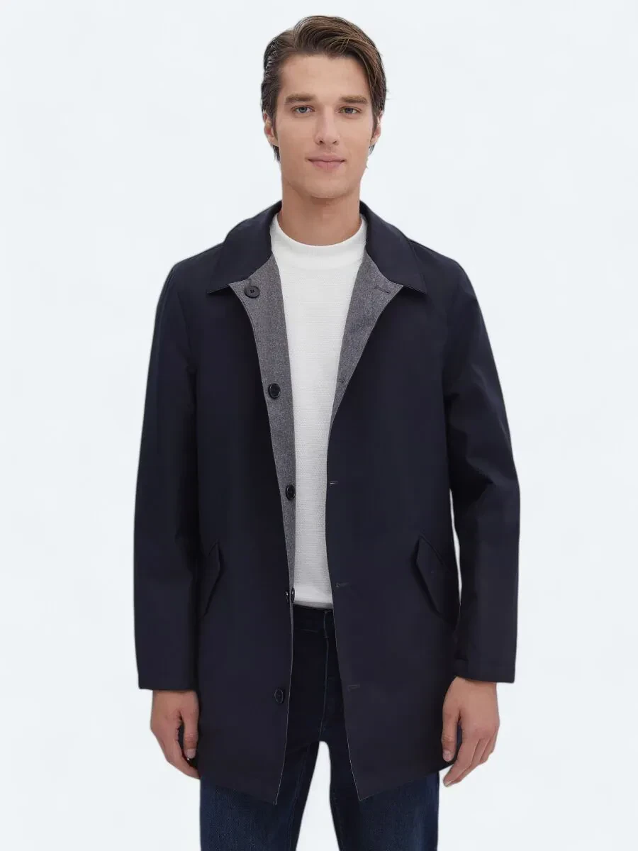 Lacivert Regular Fit Dik Yaka Casual Dokuma Pardesü - 1