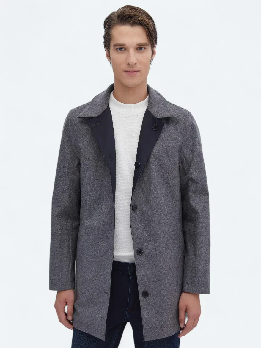 Lacivert Regular Fit Dik Yaka Casual Dokuma Pardesü - 2