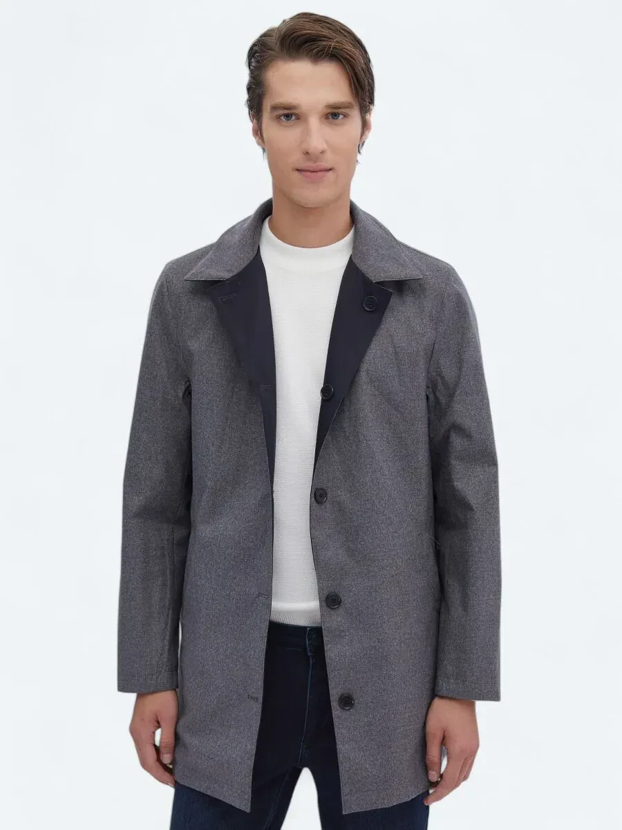Lacivert Regular Fit Dik Yaka Casual Dokuma Pardesü - 2