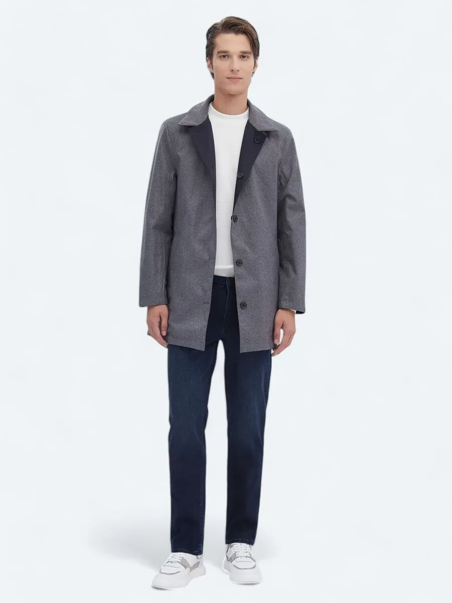 Lacivert Regular Fit Dik Yaka Casual Dokuma Pardesü - 4