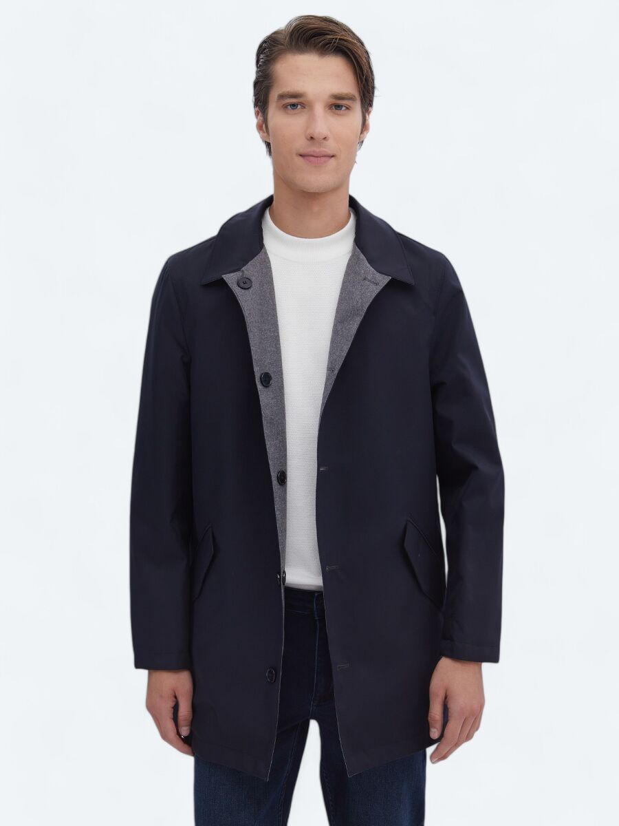 Lacivert Regular Fit Dik Yaka Casual Dokuma Pardösü - 1