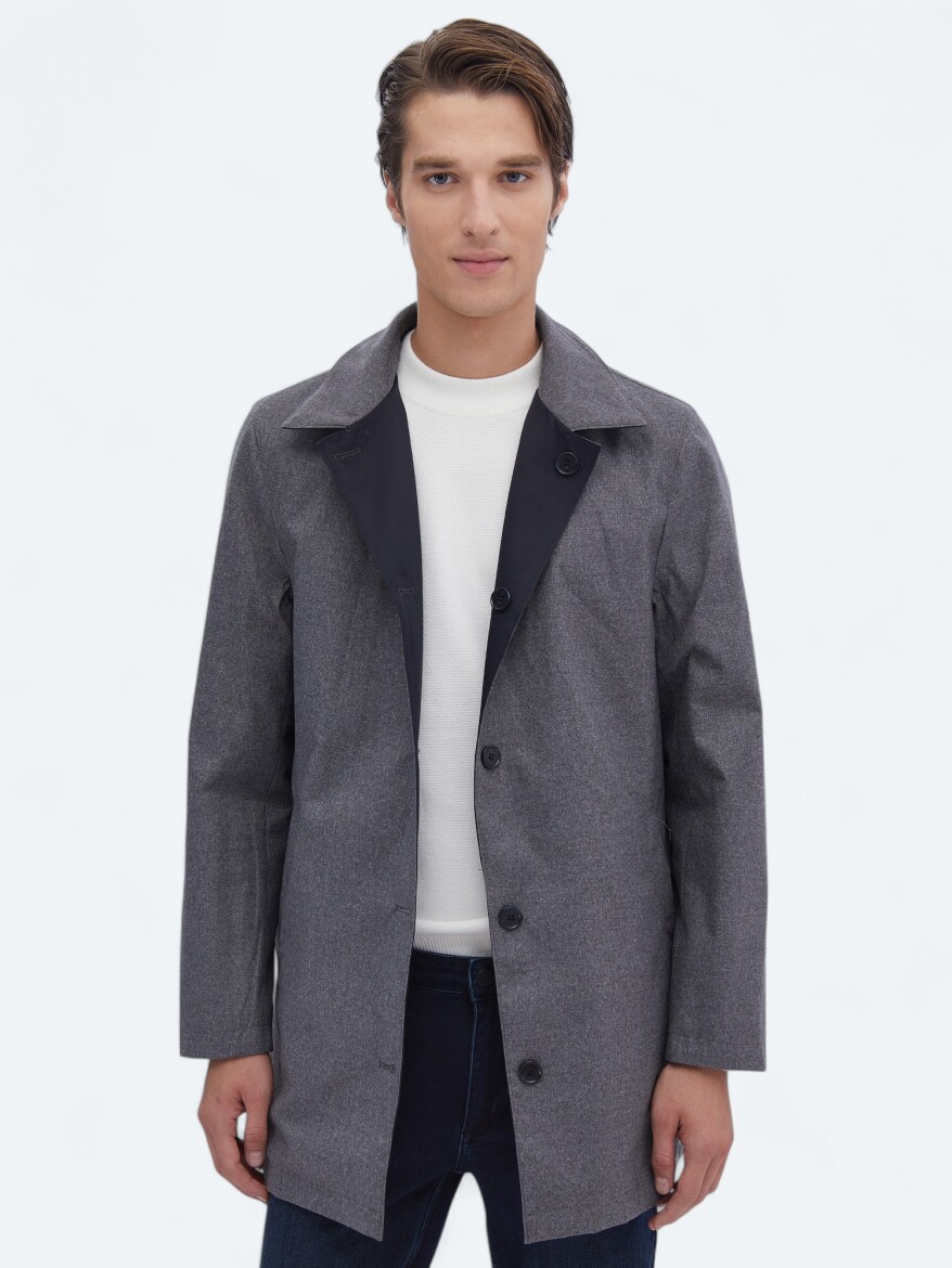 Lacivert Regular Fit Dik Yaka Casual Dokuma Pardösü - KİP